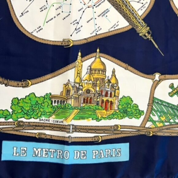 Paris Scarf Blue Gold Polyester 31 x 31 Large Souvenir de Paris Landmarks Travel - Picture 8 of 13